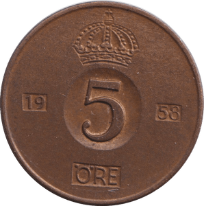 1958 FIVE ORE - WORLD COINS - Cambridgeshire Coins