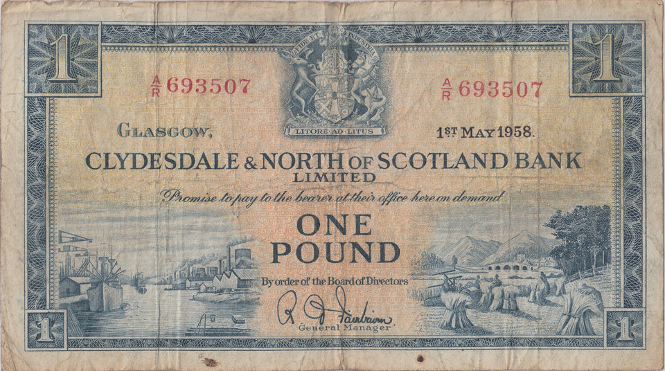 1958 ONE POUND SCOTTISH BANKNOTE CLYDESDALE & NORTH OF SCOTLAND BANK REF SCOT - 17 - WORLD BANKNOTES - Cambridgeshire Coins