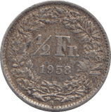 1958 SILVER SWITZERLAND HALF FRANC - SILVER WORLD COINS - Cambridgeshire Coins