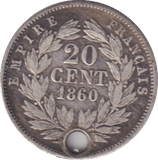 1960 20 CENT FRANCE HOLED - SILVER WORLD COINS - Cambridgeshire Coins