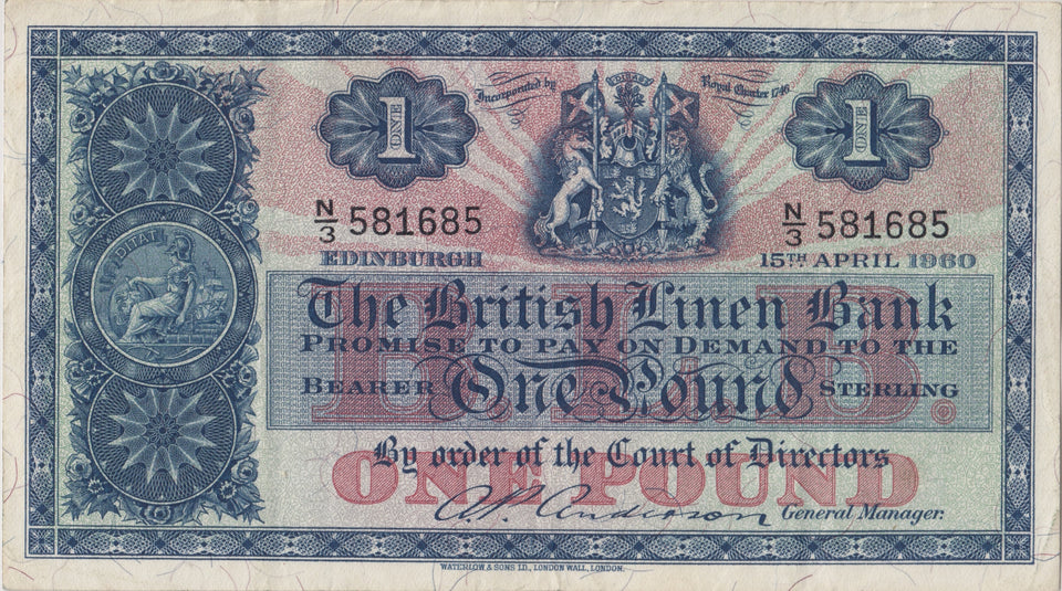 1960 ONE POUND BRITISH LINEN BANK SCOTTISH BANKNOTE REF SCOT - 18 - WORLD BANKNOTES - Cambridgeshire Coins