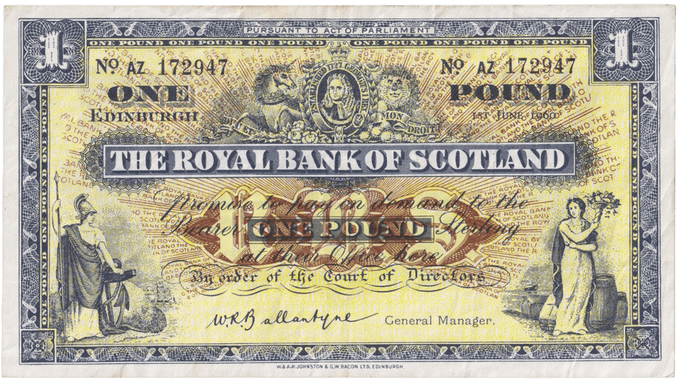 1960 ONE POUND SCOTTISH BANKNOTE ROYAL BANK OF SCOTLAND REF SCOT-88 - WORLD BANKNOTES - Cambridgeshire Coins