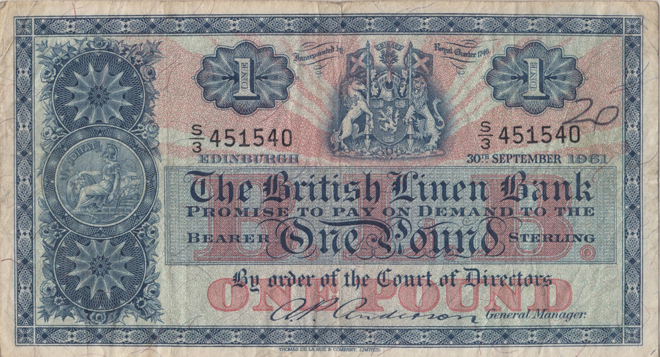 1961 ONE POUND BRITISH LINEN BANK SCOTTISH BANKNOTE REF SCOT - 19 - WORLD BANKNOTES - Cambridgeshire Coins