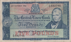 1962 FIVE POUNDS BRITISH LINEN BANK BANKNOTE REF SCOT - 59 - WORLD BANKNOTES - Cambridgeshire Coins