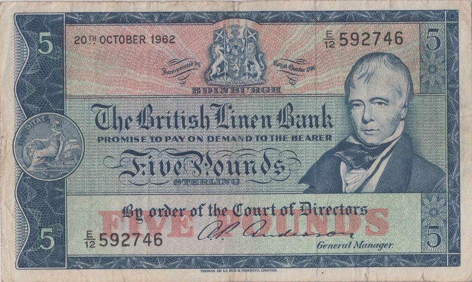 1962 FIVE POUNDS BRITISH LINEN BANK BANKNOTE REF SCOT - 59 - WORLD BANKNOTES - Cambridgeshire Coins