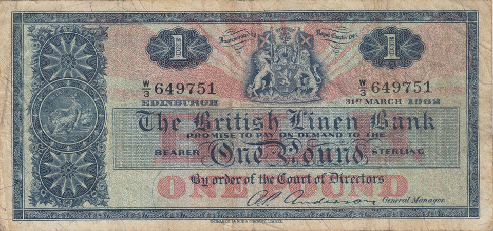 1962 ONE POUND BRITISH LINEN BANK BANKNOTE REF SCOT - 77 - World Banknotes - Cambridgeshire Coins