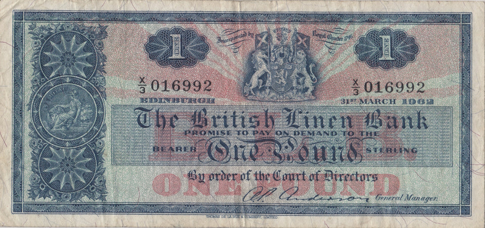 1962 ONE POUND BRITISH LINEN BANK SCOTTISH BANKNOTE REF SCOT - 21 - WORLD BANKNOTES - Cambridgeshire Coins