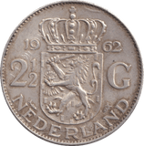 1962 SILVER 2 1/2 GLUDEN NETHERLANDS - SILVER WORLD COINS - Cambridgeshire Coins
