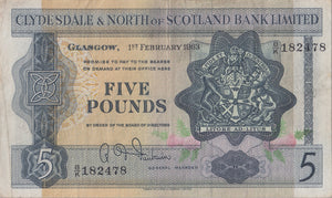1963 CLYDESDALE AND NORTH OF SCOTLAND BANK FIVE POUNDS BANKNOTE REF SCOT - 58 - WORLD BANKNOTES - Cambridgeshire Coins
