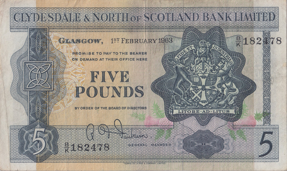 1963 CLYDESDALE AND NORTH OF SCOTLAND BANK FIVE POUNDS BANKNOTE REF SCOT - 58 - WORLD BANKNOTES - Cambridgeshire Coins