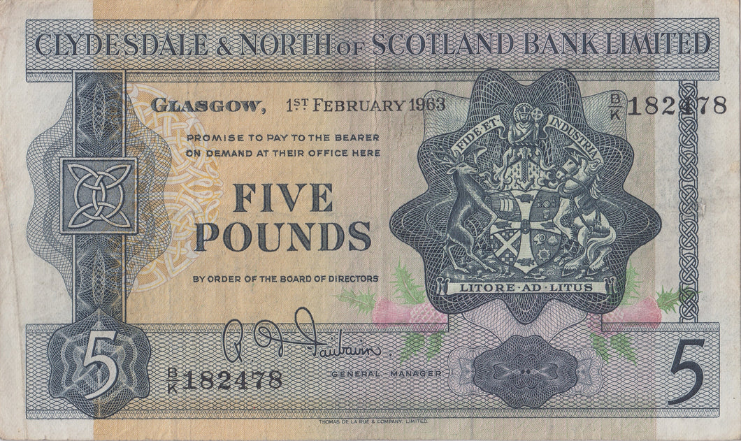 1963 CLYDESDALE AND NORTH OF SCOTLAND BANK FIVE POUNDS BANKNOTE REF SCOT - 58 - WORLD BANKNOTES - Cambridgeshire Coins