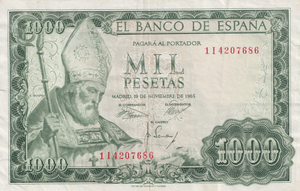 1965 1000 PESTAS BANKNOTE SPAIN REF-1572 - WORLD BANKNOTES - Cambridgeshire Coins