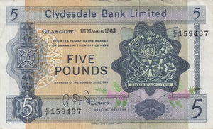 1965 FIVE POUND CLYDESDALE BANK BANKNOTE REF SCOT - 75 - World Banknotes - Cambridgeshire Coins