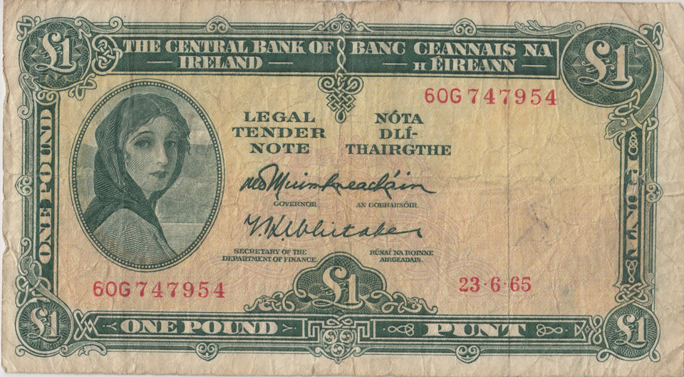 1965 ONE POUND CENTRAL BANK OF IRELAND BANKNOTE IRE - 10 - WORLD BANKNOTES - Cambridgeshire Coins
