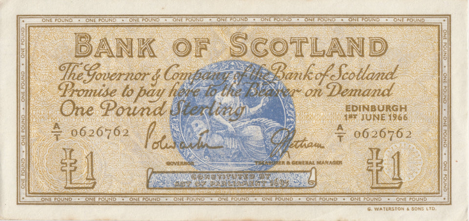 1966 BANK OF SCOTLAND ONE POUND REF SCOT - 29 - WORLD BANKNOTES - Cambridgeshire Coins