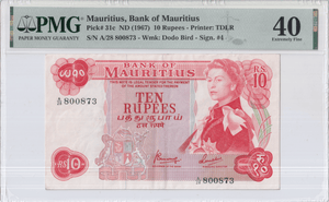 1967 BANKNOTE BANK OF MAURITIUS 10 RUPEES MAURITIUS PMG 40 EXTREMELY FINE - PMG CERTIFIED WORLD BANKNOTES - Cambridgeshire Coins