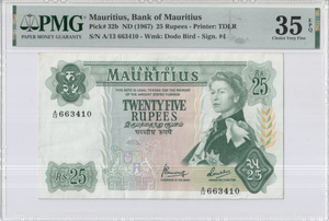 1967 BANKNOTE BANK OF MAURITIUS 25 RUPEES MAURITIUS PMG 35 CHOICE VERY FINE - PMG CERTIFIED WORLD BANKNOTES - Cambridgeshire Coins