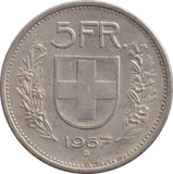 1967 SILVER FIVE FRANCS SWITZERLAND - SILVER WORLD COINS - Cambridgeshire Coins