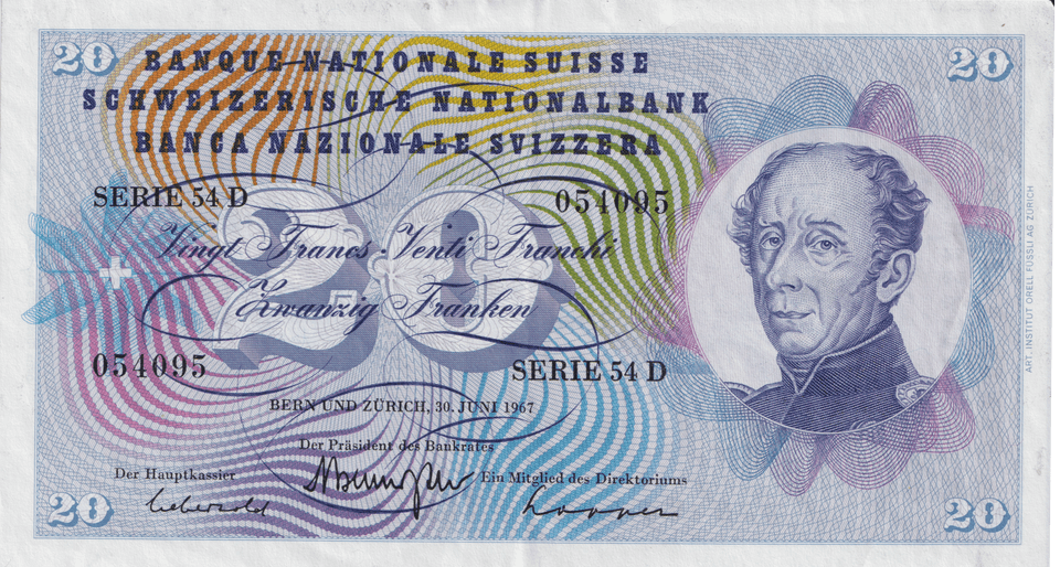1967 SWITZERLAND 20 FRANCS BANKNOTE REF-1737 - WORLD BANKNOTES - Cambridgeshire Coins