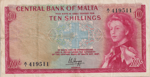 1967 TEN SHILLINGS MALTA BANKNOTE REF-1827 - WORLD BANKNOTES - Cambridgeshire Coins