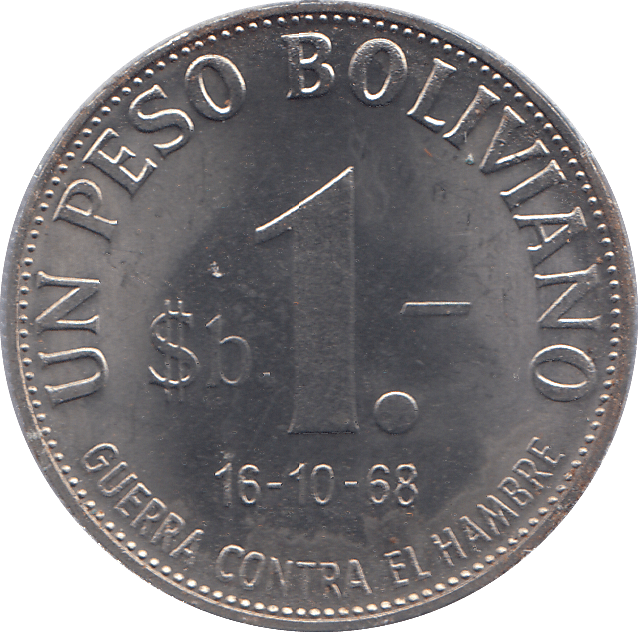 1968 BOLIVIA ONE PESO - WORLD COINS - Cambridgeshire Coins