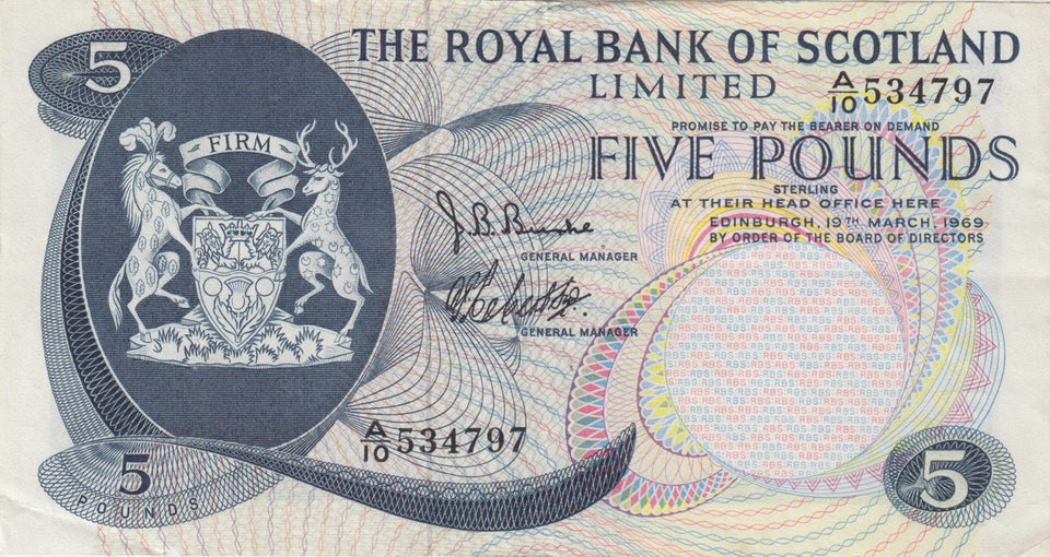 1969 FIVE POUND ROYAL BANK OF SCOTLAND BANKNOTE REF SCOT - 73 - WORLD BANKNOTES - Cambridgeshire Coins