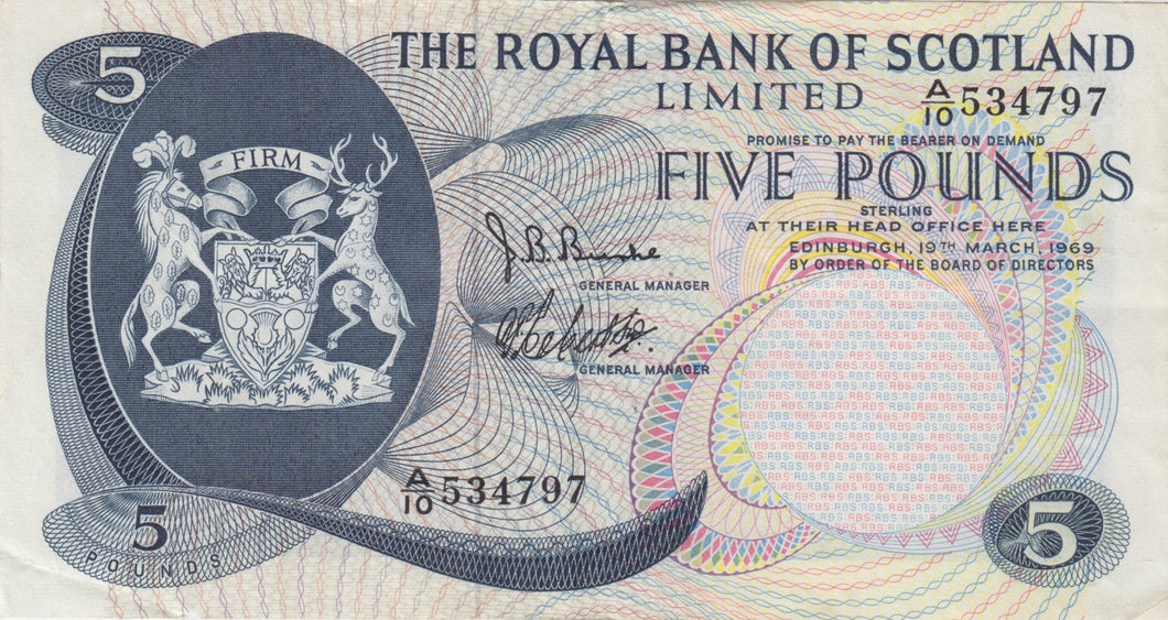 1969 FIVE POUND ROYAL BANK OF SCOTLAND BANKNOTE REF SCOT - 73 - WORLD BANKNOTES - Cambridgeshire Coins