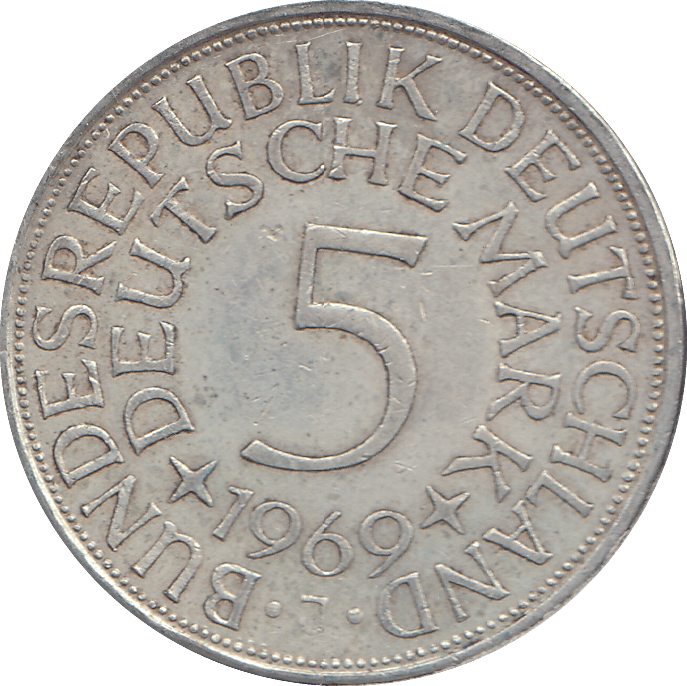 1969 SILVER GERMANY 5 MARKS - WORLD COINS - Cambridgeshire Coins