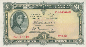 1970 ONE POUND CENTRAL BANK OF IRELAND BANKNOTE IRE - 11 - WORLD BANKNOTES - Cambridgeshire Coins