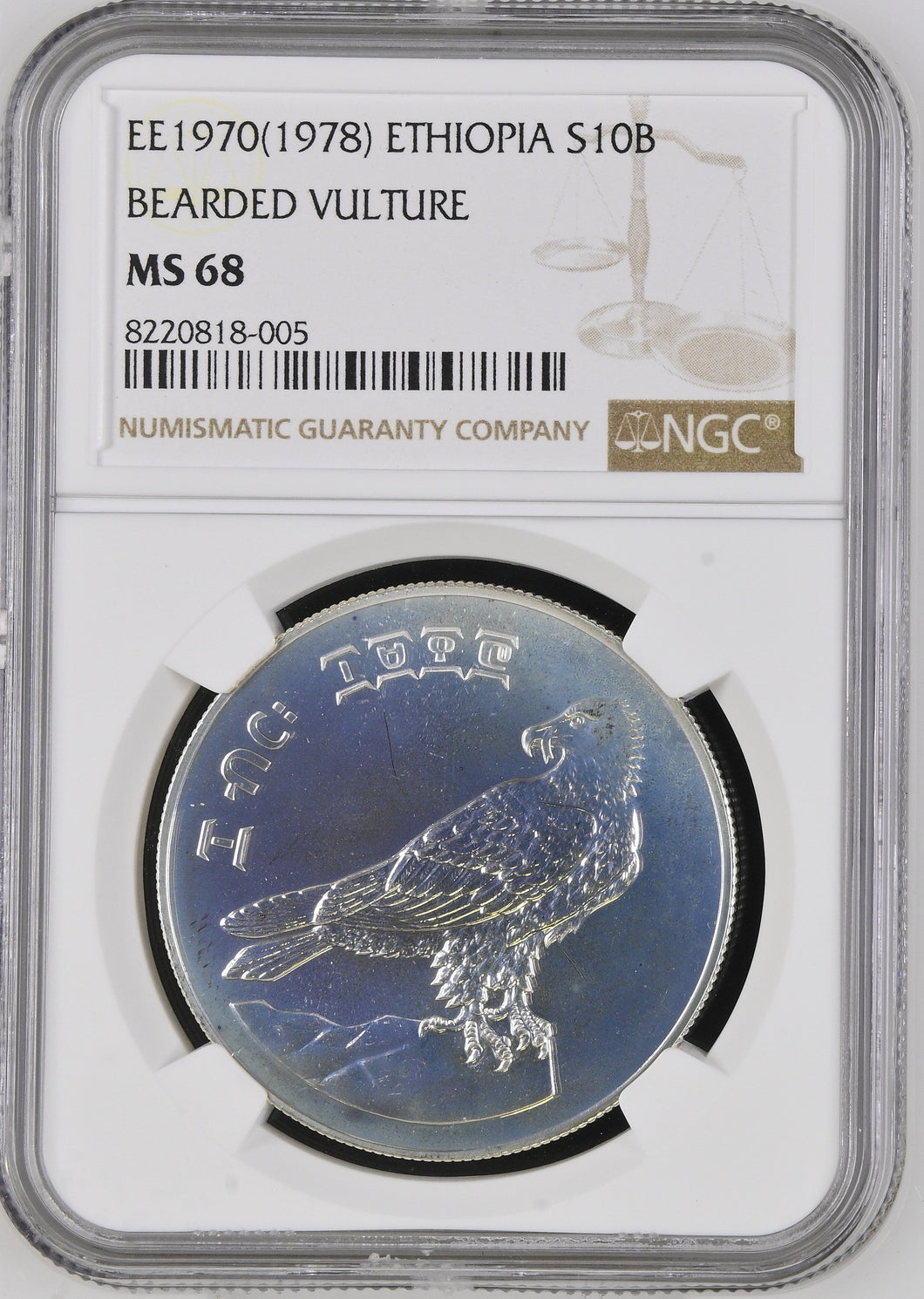1970 SILVER ETHIOPIA 10 BIRR WORLD WILDLIFE FUND BEARDED VULTURE ( NGC ) MS68 - NGC SILVER COINS - Cambridgeshire Coins