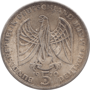 1970 SILVER FIVE MARKS GERMANY - SILVER WORLD COINS - Cambridgeshire Coins