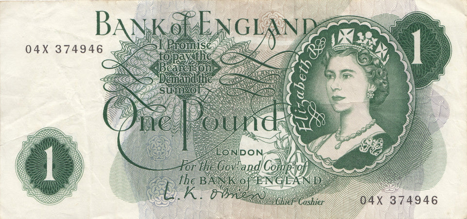1970'S ONE POUND BANKNOTE O'BRIEN USED - £1 BANKNOTE - Cambridgeshire Coins