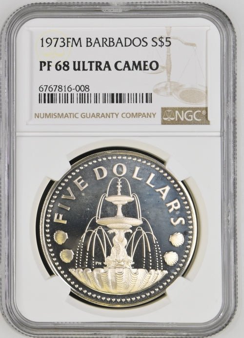 1973 FM BARBADOS FIVE DOLLARS ( NGC ) PF 68 ULTRA CAMEO - NGC SILVER COINS - Cambridgeshire Coins