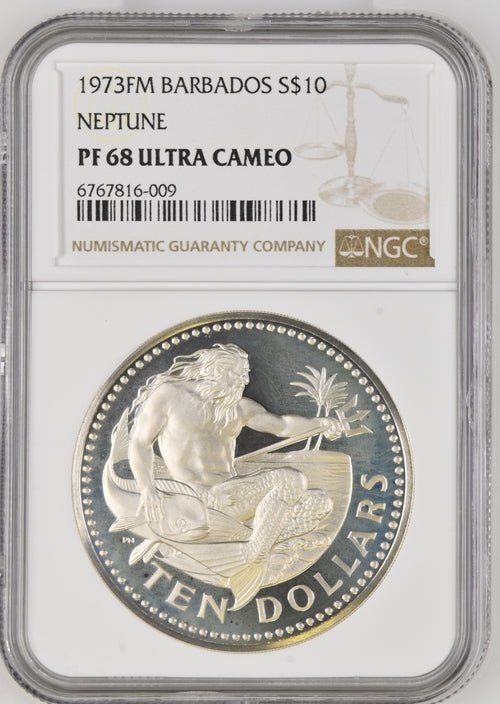 1973 FM BARBADOS NEPTUNE TEN DOLLARS ( NGC ) PF 68 ULTRA CAMEO - NGC SILVER COINS - Cambridgeshire Coins