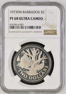 1973 FM BARBADOS TWO DOLLARS ( NGC ) PF 68 ULTRA CAMEO - NGC SILVER COINS - Cambridgeshire Coins