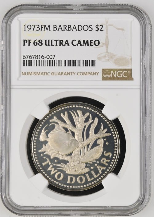 1973 FM BARBADOS TWO DOLLARS ( NGC ) PF 68 ULTRA CAMEO - NGC SILVER COINS - Cambridgeshire Coins
