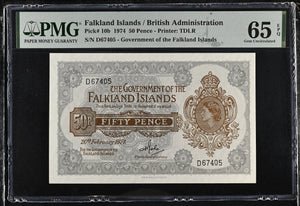 1974 FALKLAND ISLANDS/BRITISH ADMINISTRATION FIFTY PENCE BANKNOTE P10b PMG 65 GEM UNCIRCULATED - PMG CERTIFIED WORLD BANKNOTES - Cambridgeshire Coins