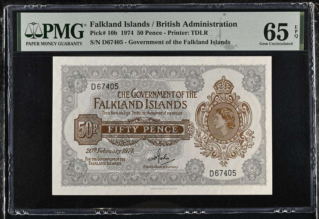1974 FALKLAND ISLANDS/BRITISH ADMINISTRATION FIFTY PENCE BANKNOTE P10b PMG 65 GEM UNCIRCULATED - PMG CERTIFIED WORLD BANKNOTES - Cambridgeshire Coins