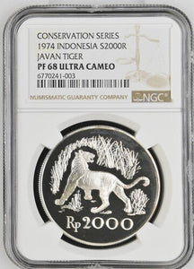 1974 INDONESIA JAVAN TIGER CONSERVATION SERIES S2000R PF 68 ULTRA CAMEO - NGC SILVER COINS - Cambridgeshire Coins