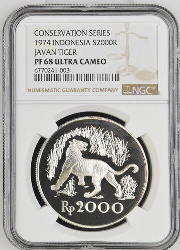 1974 INDONESIA JAVAN TIGER CONSERVATION SERIES S2000R PF 68 ULTRA CAMEO - NGC SILVER COINS - Cambridgeshire Coins