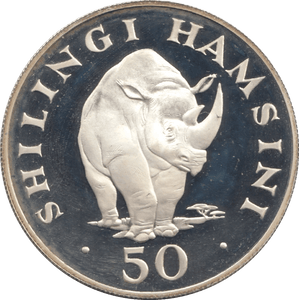 1974 REPUBLIC OF TANZANIA BLACK RHINO SILVER PROOF COIN 50 SHILLINGS .925 - SILVER WORLD COINS - Cambridgeshire Coins
