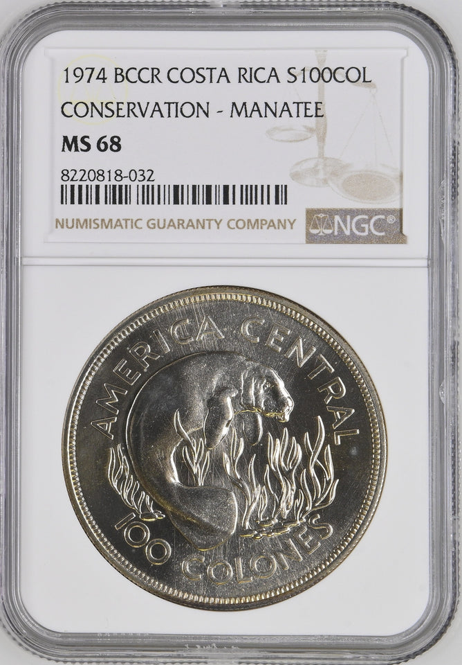 1974 SILVER COSTA RICA 100 COLONES CONSERVATION MANATEE ( NGC ) MS68 - NGC SILVER COINS - Cambridgeshire Coins