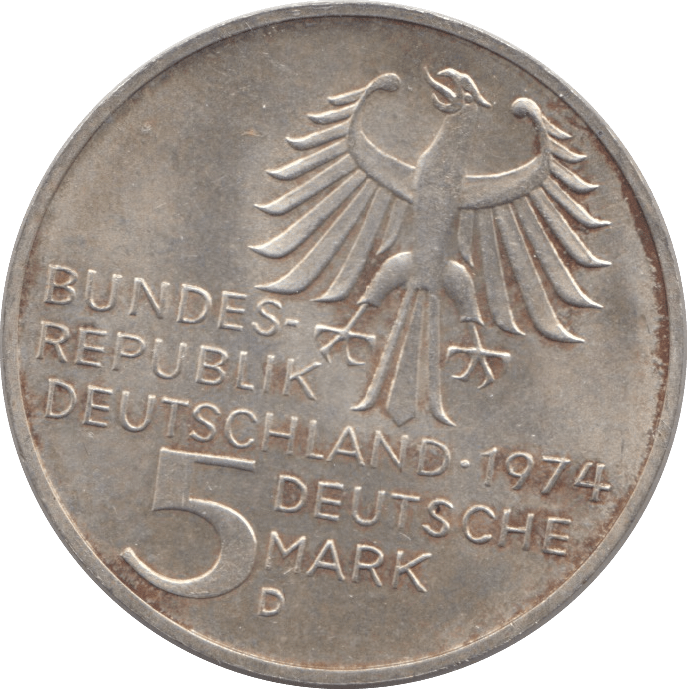 1974 SILVER FIVE MARKS GERMANY - SILVER WORLD COINS - Cambridgeshire Coins