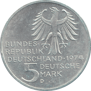 1974 SILVER GERMANY 5 MARKS - WORLD COINS - Cambridgeshire Coins
