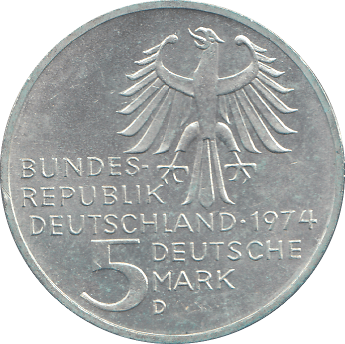 1974 SILVER GERMANY 5 MARKS - WORLD COINS - Cambridgeshire Coins