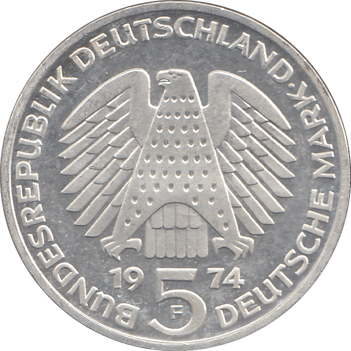 1974 SILVER GERMANY 5 MARKS - WORLD COINS - Cambridgeshire Coins