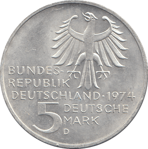 1974 SILVER GERMANY 5 MARKS - WORLD COINS - Cambridgeshire Coins