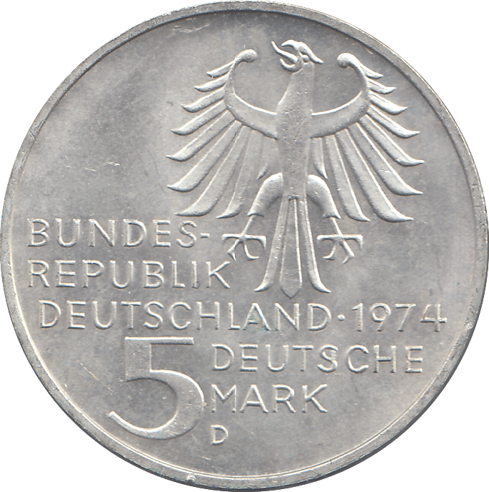 1974 SILVER GERMANY 5 MARKS - WORLD COINS - Cambridgeshire Coins