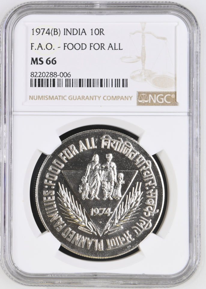 1974 SILVER INDIA TEN RUPEES RUPEES FOOD FOR ALL ( NGC ) MS66 - NGC SILVER COINS - Cambridgeshire Coins