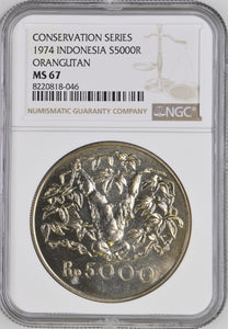 1974 SILVER INDONESIA 5000 RUPIAH CONSERVATION ORANGUTAN ( NGC ) MS67 - NGC SILVER COINS - Cambridgeshire Coins